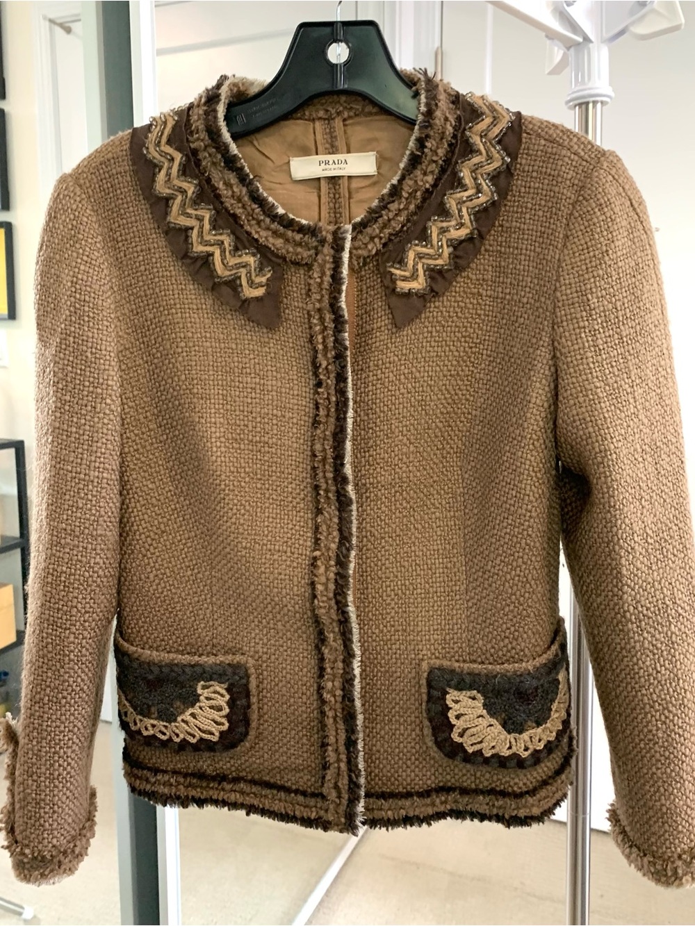 Prada Brown Tweed Embellished Collar Jacket Sz 40